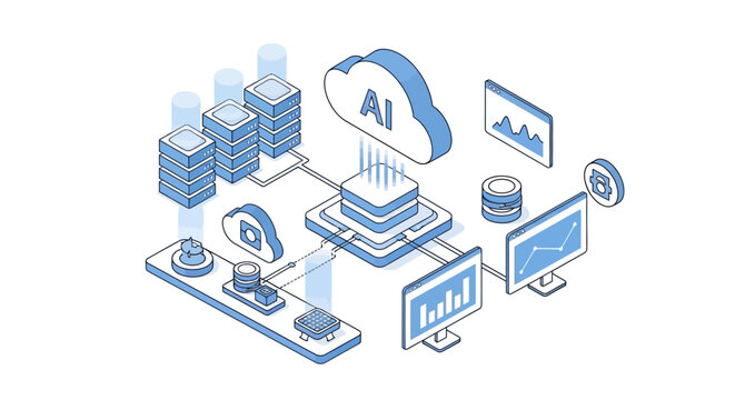 Isometric AI Cloud Computing and Data Center Infrastructure Illustration. Technical Blue and White Diagram of Server Racks, Data Analytics, and Machine Learning Network.
