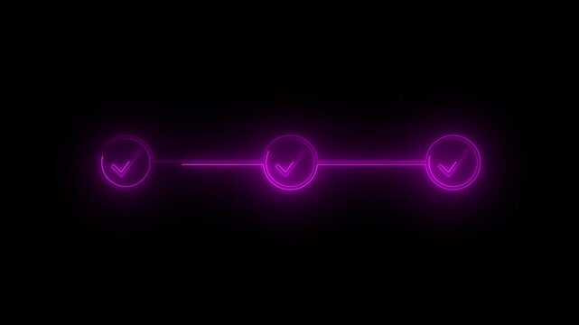 Neon Purple Animated Checklist Process: Glowing Three-Step Progress Bar with Checkmark Icons on Black Background for Business Presentation, Project Milestone, Task Completion, and Digital UI UX Design