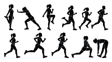 Obraz premium Group of female runners in motion silhouettes on transparent background.