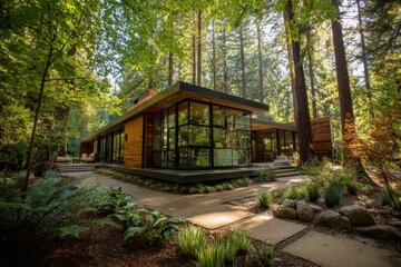 Obraz premium Modern building surrounded by tall trees and greenery in a forest setting during daylight hours, offering a view of nature and design