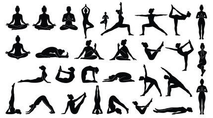 Obraz premium Comprehensive collection of yoga silhouettes showing different advanced fitness poses.