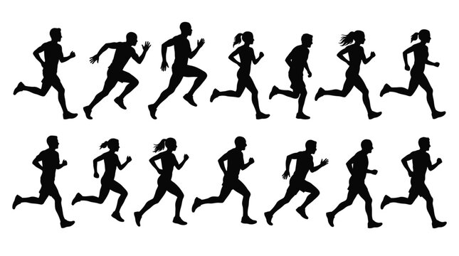 Running people silhouettes set, men and women in various poses, vector illustration.