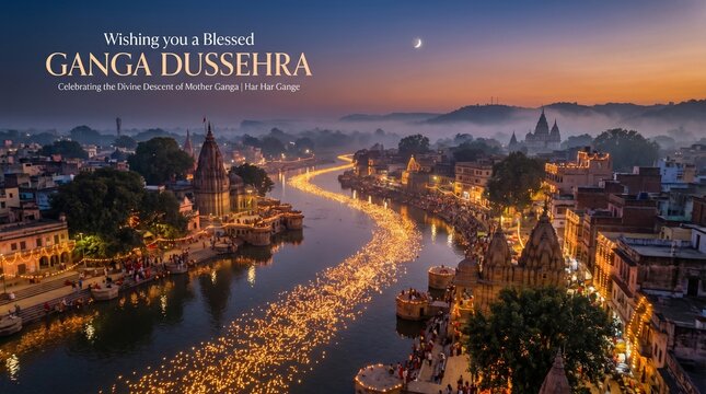 Ganga Dussehra festival aerial river view with thousands of floating diya lights at Varanasi ghats evening spiritual Indian culture celebration
