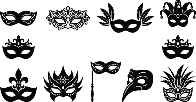 Sammlung von schwarzen Karnevalsmasken und venezianischen Masken in verschiedenen Stilen und Designs, ideal f&uuml;r Fasching und Maskenb&auml;lle.
