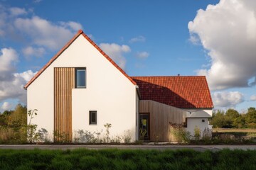 Obraz premium Modern house design with wooden details located in a green area surrounded by trees and blue sky with fluffy clouds during daytime