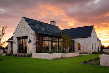 Obraz premium Sunset view of a modern stone house with large windows and a green lawn located in an open area showcasing beautiful evening colors in the sky
