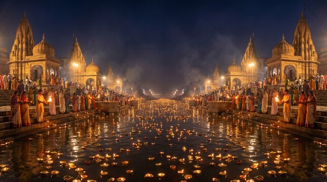 Ganga Dussehra festival night view of river ghats with thousands of floating diya lights and devotees performing ritual Indian culture celebration scene