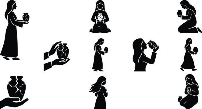 Silhouetten einer Frau, die einen zerbrochenen Topf h&auml;lt, repariert und pflegt, symbolisiert Heilung und emotionale Zust&auml;nde.