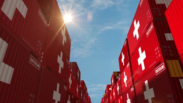Switzerland export import and production cargo containers in row seamless and loopable business concept. Swiss flag industrial shipping box 3d loop.