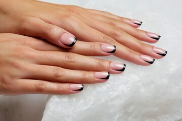 Fototapeta premium Elegant French manicure with a chic black tip design on perfectly shaped nails, showcasing beauty and style.