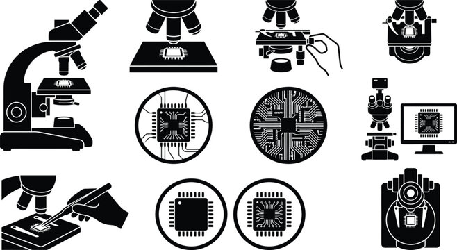 Detaillierte Sammlung von Schwarz-Wei&szlig;-Symbolen f&uuml;r wissenschaftliche Mikroskopie und technologische Mikrochips.