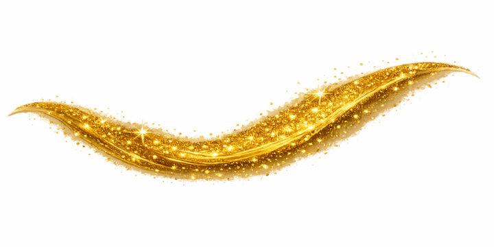 Abstract golden glitter wave trail with shimmering sparkles on white background