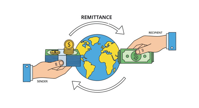 A colorful illustration depicts global remittance showing money transfer between sender and recipient presented as a flat silhouette high quality professional