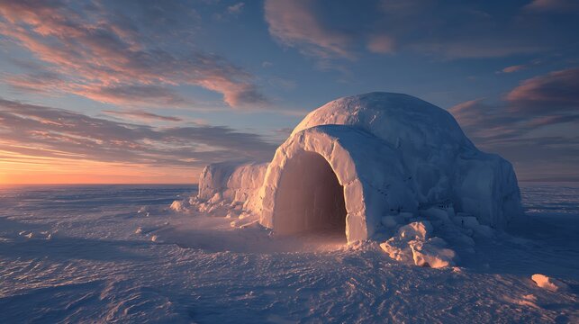 An isolated snow igloo sits on a vast, snow-covered plain at sunrise