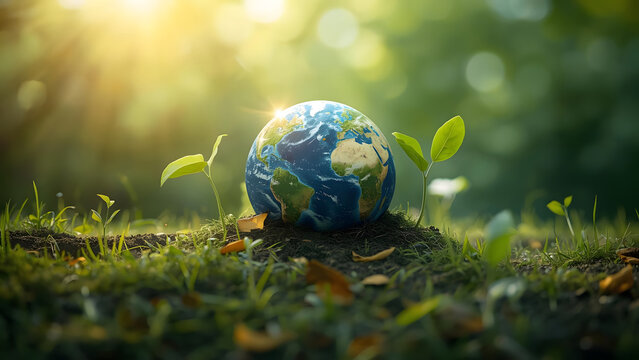 Earth planet growing with young plants in sunlight, environmental concept