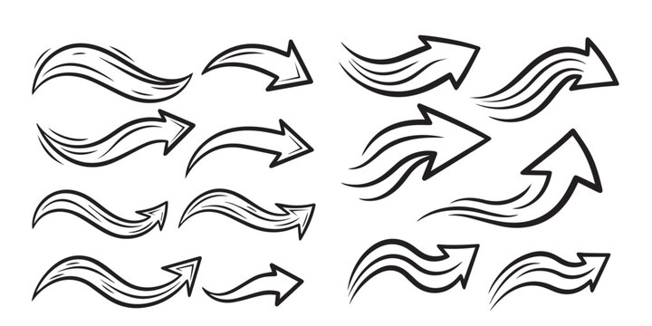 Set of speeding arrows with flowing lines and motion effect, hand drawn