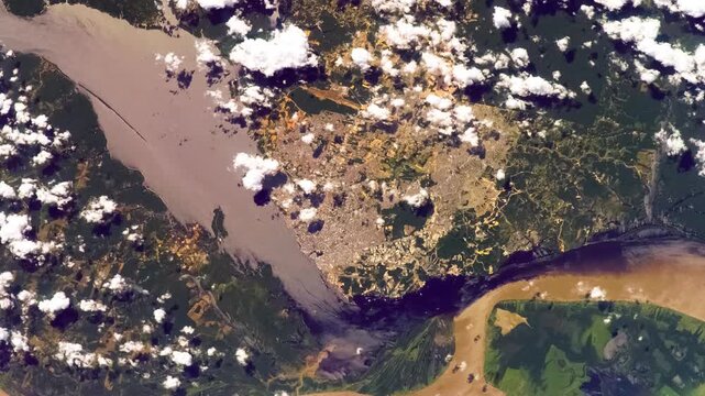 Amazon and Negro Rivers Confluence Manaus Brazil Aerial View Two Colored Waters Meeting Rainforest Landscape Elements of this video furnished by NASA