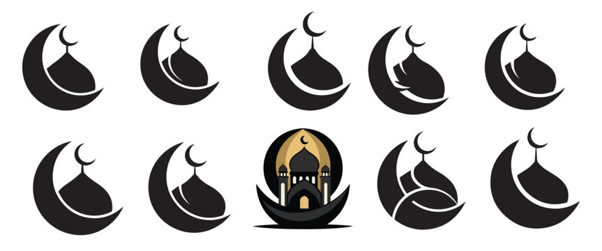 Collection of islamic mosque and crescent moon icons with islamic art, moon icon