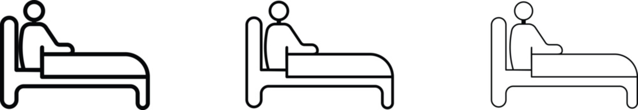 Minimalist hospital bed icon set, patient resting in clinic bed vector, healthcare and medical facility line art symbols for signage