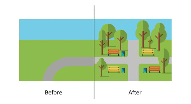A comparative park scene showcasing improvements with a distinct black silhouette dividing the before and after views high quality professional detailed