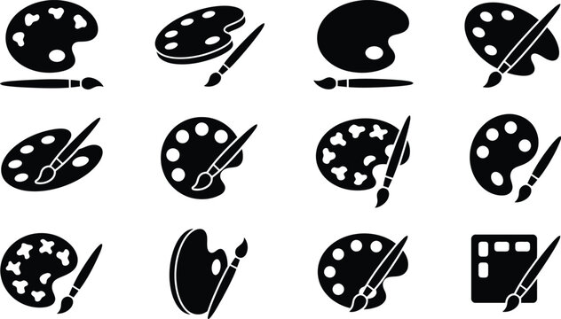 Sammlung von zw&ouml;lf schwarzen Silhouetten-Icons, die K&uuml;nstlerpaletten und Pinsel in verschiedenen Formen darstellen.