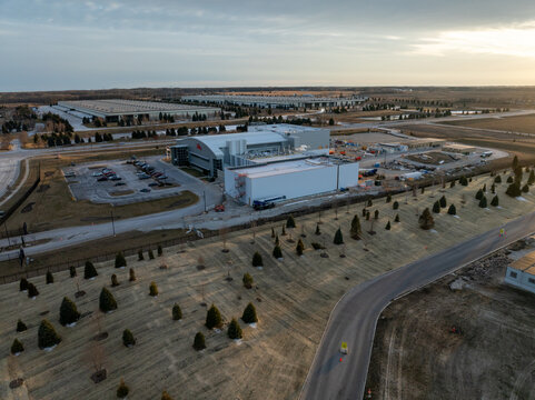 Aerial view of Eli Lilly facility near Uline campus in Pleasant Prairie, Wisconsin, USA, March 1, 2026, showing pharmaceutical manufacturing buildings and surrounding industrial landscape.