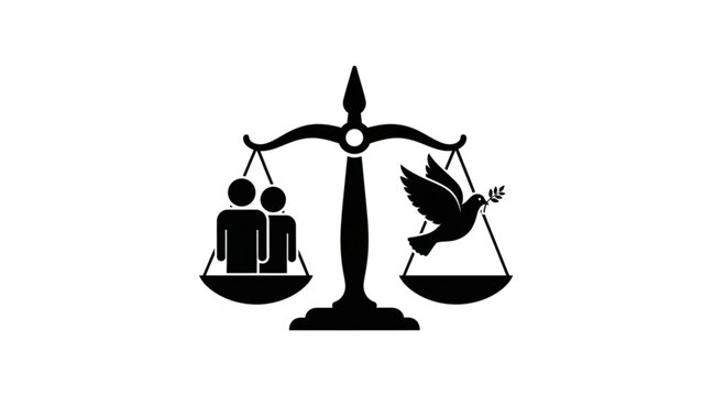 Justice scale icon representing human rights and peace with dove and olive branch symbol for legal equality global harmony law balance social justice judicial system people fairness and ethics.