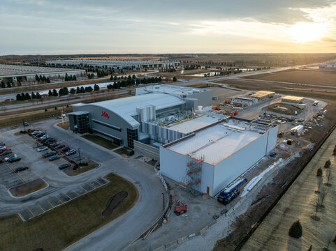 Pleasant Prairie, Wisconsin, USA - March 1, 2026: Aerial view of Eli Lilly pharmaceutical manufacturing facility expansion with new construction and industrial development underway.