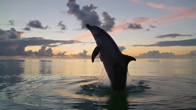 Dolphin jumps at sunset in ocean with colorful sky and calm water