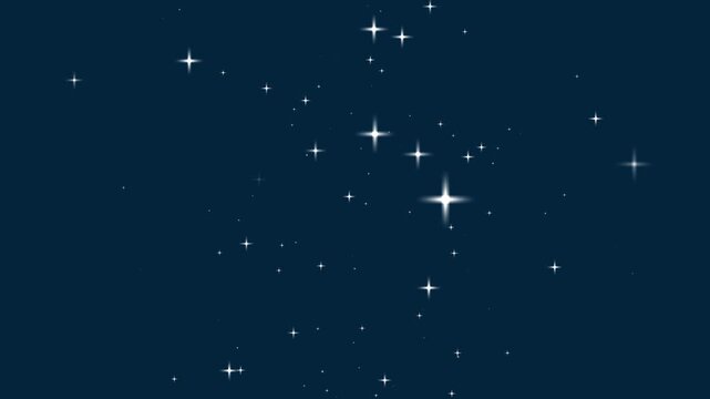 Twinkling Night Sky Stars Animation: Shimmering White Sparkling Star Field Background Loop with Glowing Particles and Bright Lens Flares on Dark Blue for Space, Magic, Christmas, and Dreamy Projects
