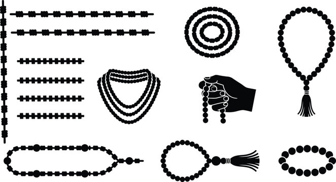 Verschiedene Silhouetten von Gebetsketten und Perlenstr&auml;ngen, einschlie&szlig;lich Rosenkr&auml;nzen, Tasbihs und Halsketten, in Schwarz-Wei&szlig;-Darstellung.