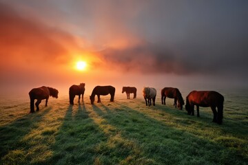 Obraz premium Herd of horses grazing in a misty field during a dramatic sunrise with vibrant orange sky and soft light.