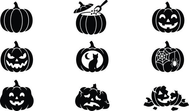 Verschiedene schwarze K&uuml;rbis-Silhouetten f&uuml;r Halloween-Dekorationen und gruselige Motive.