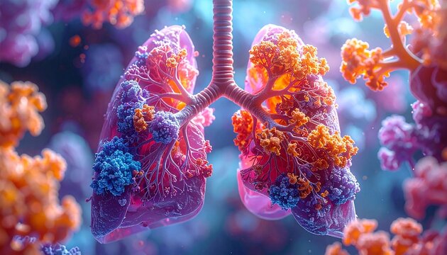Abstract visualization of healthy lungs with detailed alveoli and bronchioles, representing respiratory health and medical concepts