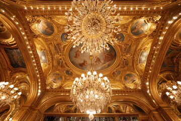 Naklejka premium Ornate gilded ceiling with intricate frescoes and sparkling crystal chandeliers in a grand hall.