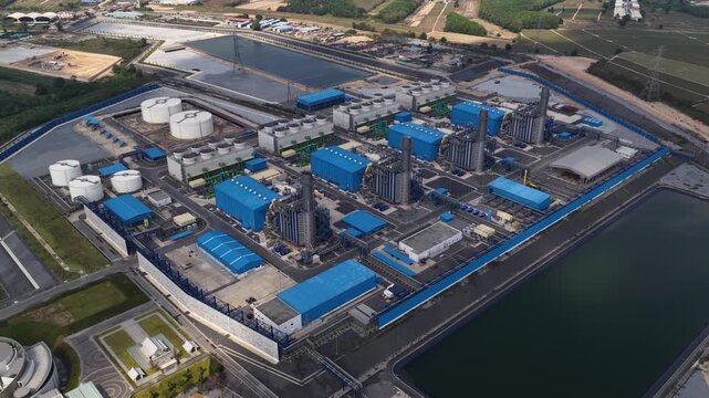 Aerial view of a modern gas turbine combined cycle power plant