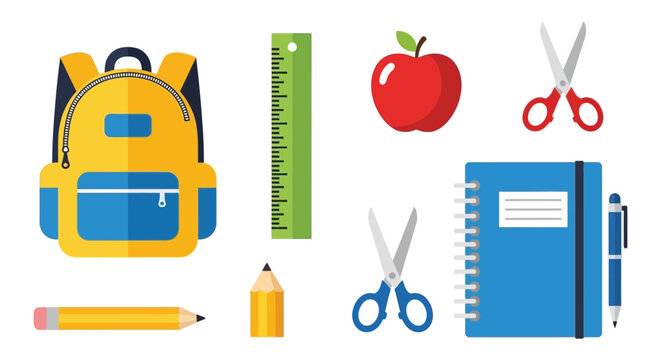 A colorful arrangement of school supplies including a backpack ruler apple and scissors silhouette high quality professional detailed modern elegant