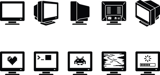 Sammlung von Computermonitor-Symbolen mit verschiedenen Bildschirminhalten und Ansichten. © Insa Batool