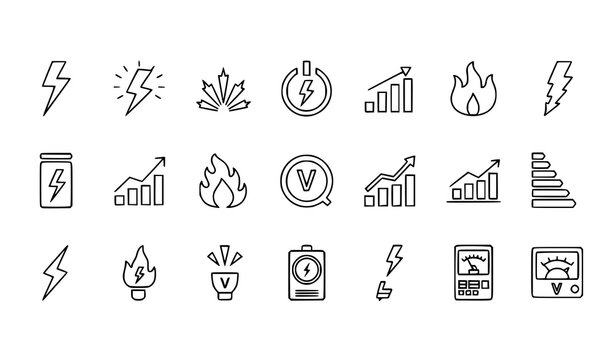 Electricity and energy performance outline icon set with power growth flame spark voltage and efficiency chart symbols