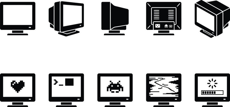 Sammlung von Computermonitor-Symbolen mit verschiedenen Bildschirminhalten und Ansichten.