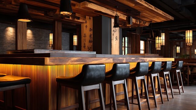 Interior of a dimly lit bar, showcasing wooden beams, stools, and hanging lights