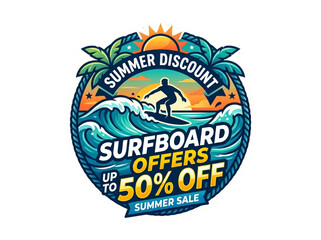 Fototapeta premium Surfboard Summer Discount Badge with Ocean Waves Surfer and Palm Trees Up to 50 Percent Off Sale Sticker
