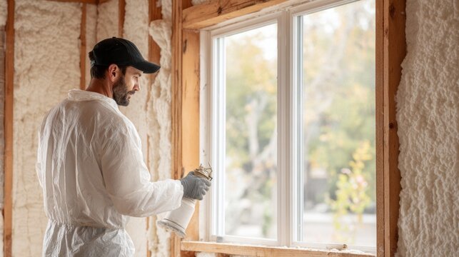 Professional contractor performing residential energy retrofit with spray foam insulation around an interior window frame. AI generative