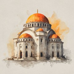 Fototapeta premium Watercolor illustration of a historic domed landmark with orange domes and arched architecture. AI generative