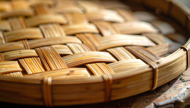 Close up of a woven bamboo tray intricate texture and natural patterns