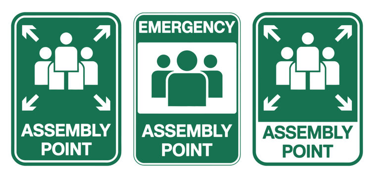 Assembly Point Sign Set Bundle, Emergency Evacuation Symbol Collection, Safety Meeting Area Icons, Printable Poster Template, Vector Illustration for Workplace, Industrial, School Safety Design