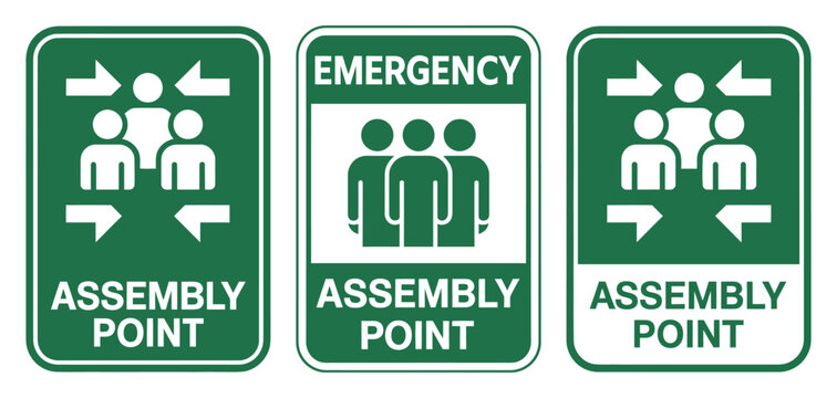 Assembly Point Sign Set Bundle, Emergency Evacuation Symbol Collection, Safety Meeting Area Icons, Printable Poster Template, Vector Illustration for Workplace, Industrial, School Safety Design