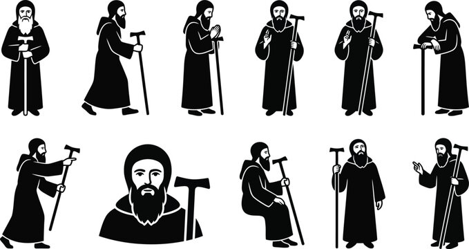 M&ouml;nche oder Einsiedler in verschiedenen Posen mit St&ouml;cken als Silhouetten und Illustrationen dargestellt.