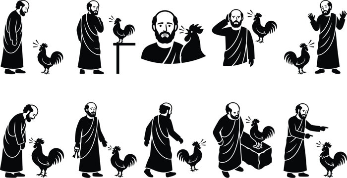 Schwarz-Wei&szlig;-Illustrationen eines Philosophen in Toga, der in verschiedenen Szenen mit einem Hahn interagiert und ihn pr&auml;sentiert.