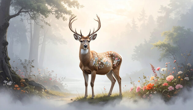 Majestic deer in a misty forest scene